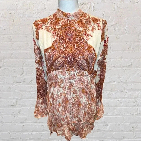 Free People Lady Luck Floral Printed Pink Tunic Dress will long Bell Sleeves Siz - Picture 8 of 9